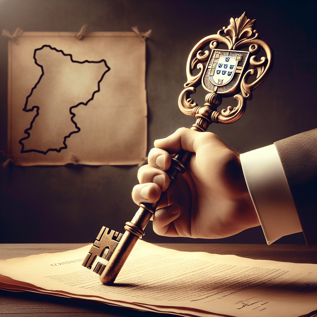 Uma mão segura uma chave grande e ornamentada, com a cabeça da chave tendo a forma de um distintivo de profissão ou um selo. A chave está inserida em um buraco de fechadura que tem o formato de um mapa de Portugal ou de um símbolo de reconhecimento oficial. Ao fundo, uma placa com texto borrado que sugere documentos ou regulamentos. A ideia é que a \'chave\' é o reconhecimento pela autoridade competente. Estilo dramático, com um bom uso de luz e so Photography: Commercial. Resolution: 720p (1280x720).