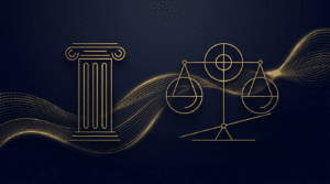 Coluna clássica e balança da justiça representando decisão judicial sobre tributação e INSS de não residentes fiscais