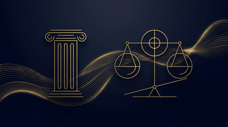Coluna clássica e balança da justiça representando decisão judicial sobre tributação e INSS de não residentes fiscais