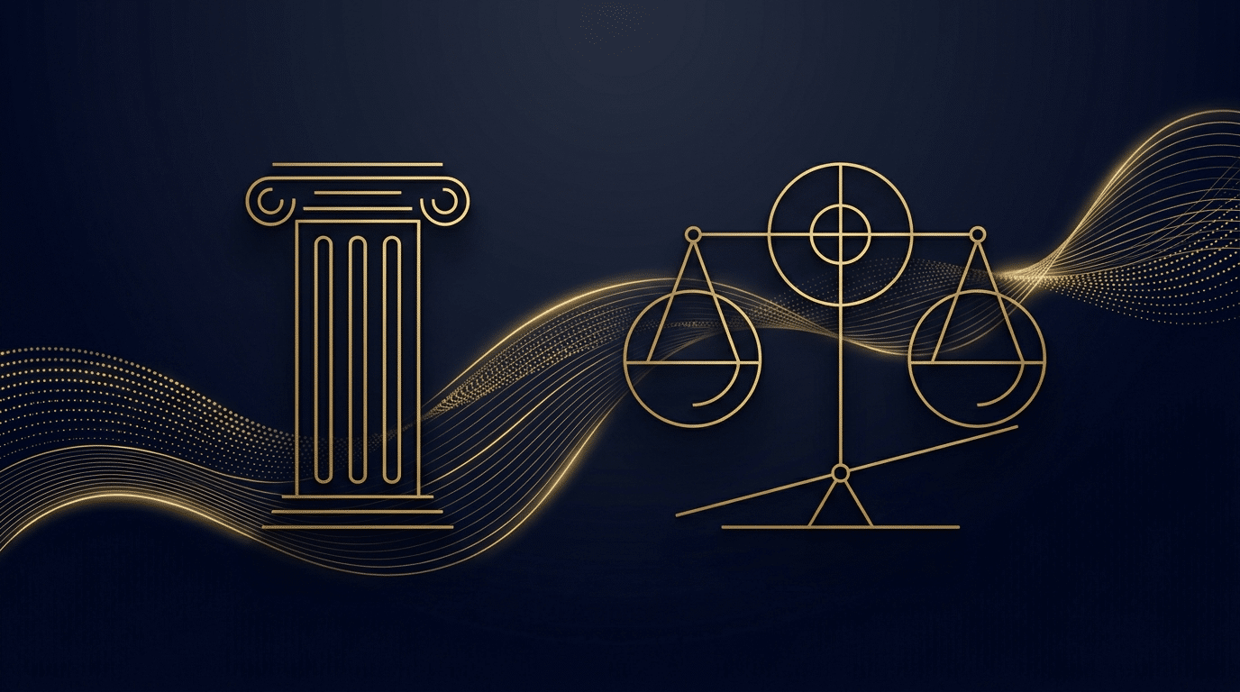 Coluna clássica e balança da justiça representando decisão judicial sobre tributação e INSS de não residentes fiscais
